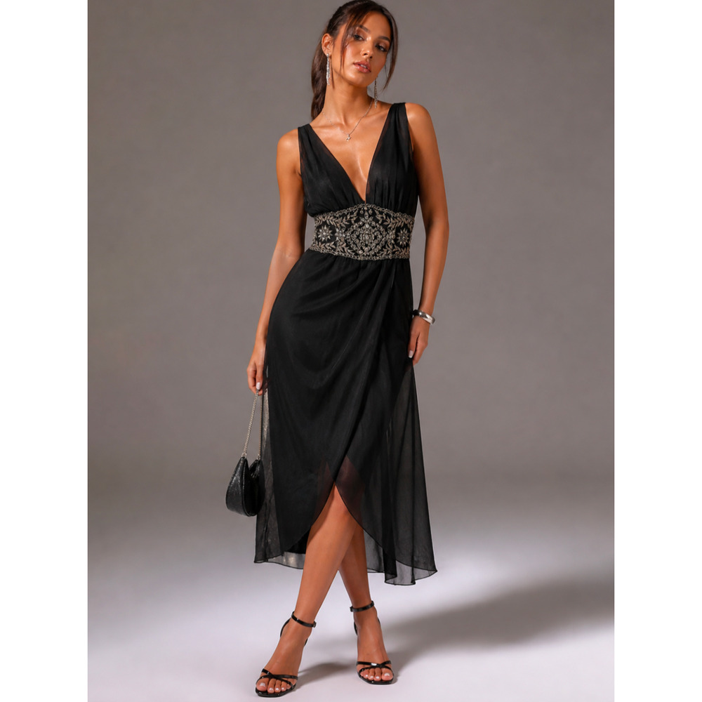 Mandalay Black Silk Beaded Empire Waist Midi Dress Size 8